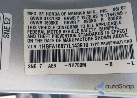 2007 Honda Civic Ex z USA, uszkodzony, nr VIN 1HGFA16877L143919